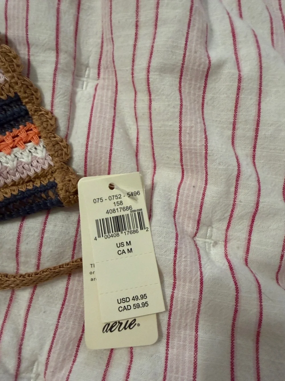 aerie Crochet Triangle Bikini Top in Brown, Navy, Cream & Orange size medium